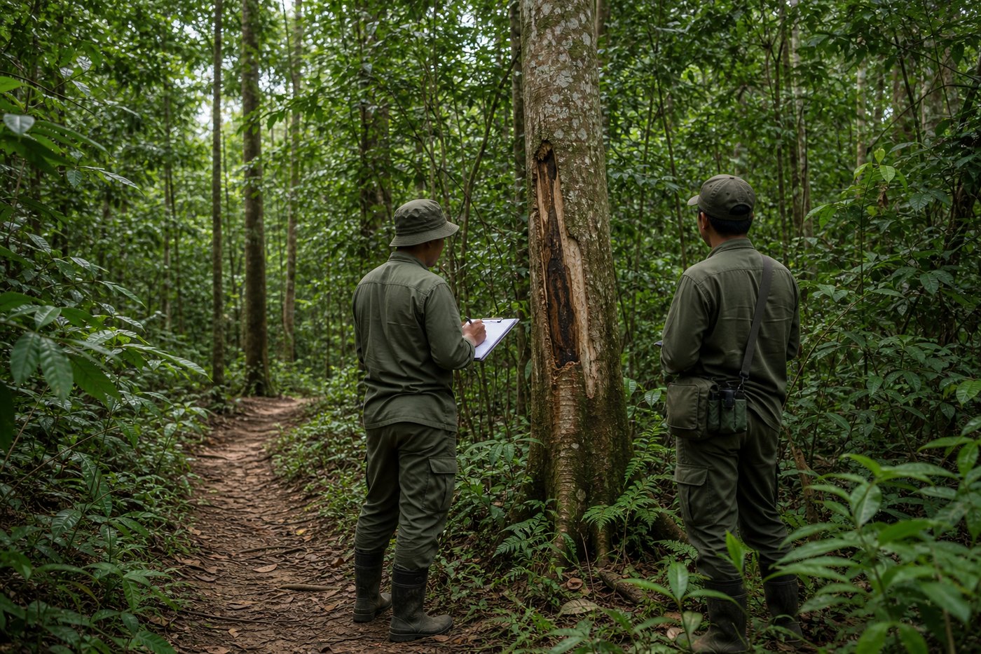Rondaan pemuliharaan hutan dan pemeriksaan pokok